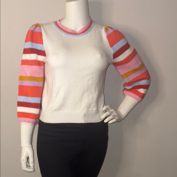 White and Pink Crew Neck Sweater with Striped Sleeves - Picture 1 of 6